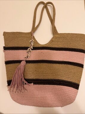 Handwoven Tan & Pink Striped Tote with Tassel Accent